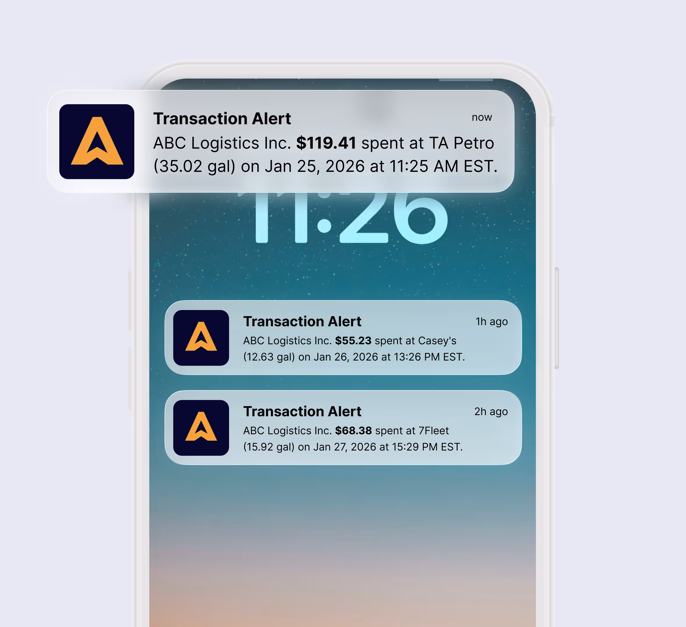 Smartphone lock screen showing transaction alerts for ABC Logistics Inc. with amounts, locations, gallons, dates, and times of purchases.