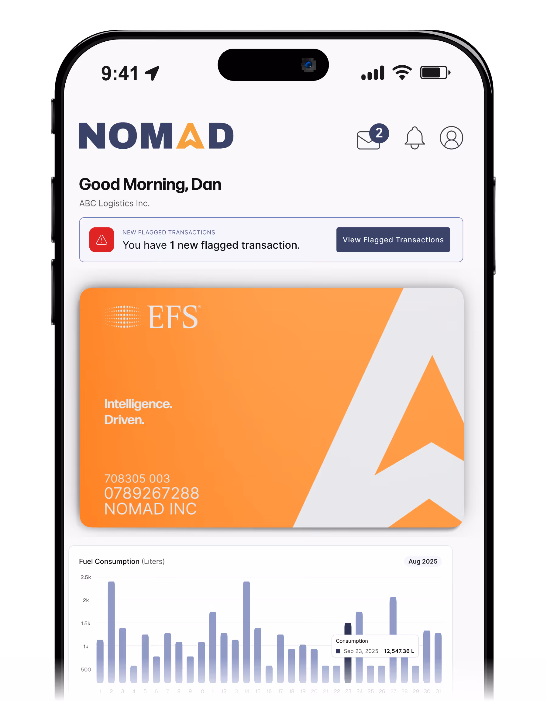 Smartphone screen showing an orange EFS card with NOMAD INC details, location info for Pacific Coast Highway, IL, fuel balance of 62,015.11 gallons, cleanliness rating 4.9 out of 5, amenities icons, and a spending chart showing 64% consumed.