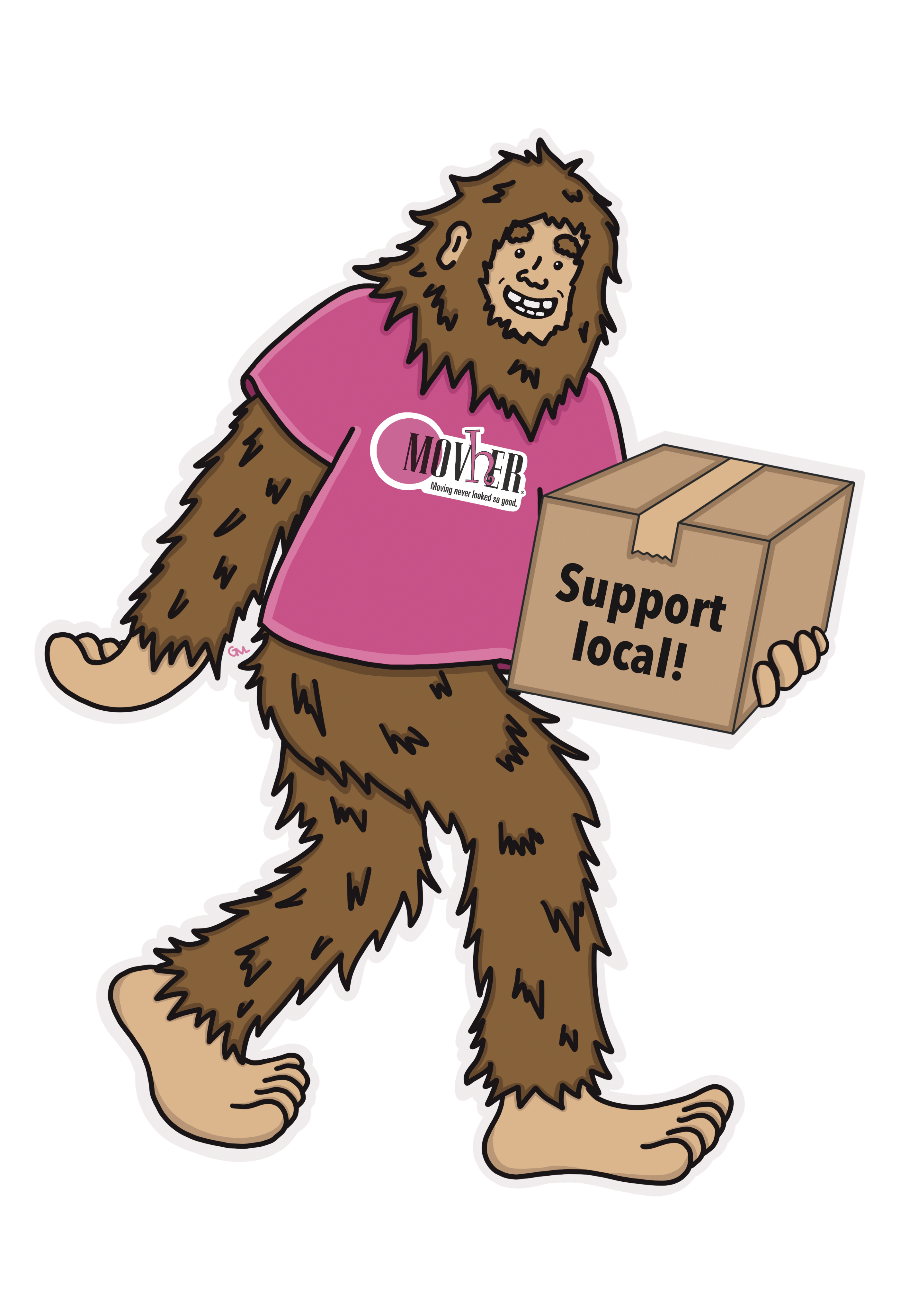 Cartoon Bigfoot wearing a pink shirt holding a box labeled 'Support local!'