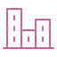 Icon of a city skyline with multiple buildings in pink outline on a black background.