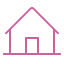 Simple pink line drawing of a house with a pitched roof and a door.