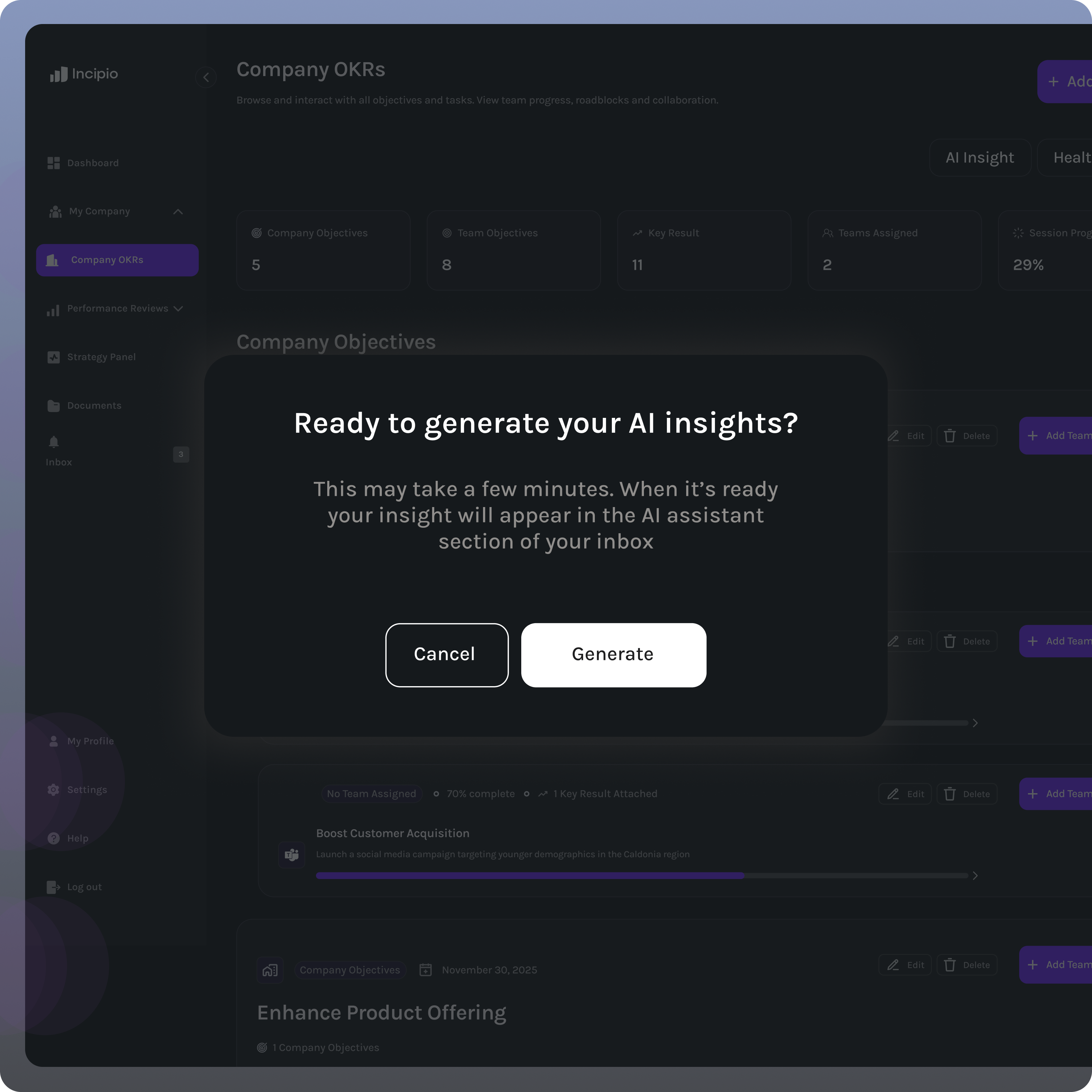 Popup window in a company OKRs dashboard reading: Ready to generate your AI insights? This may take a few minutes. When it's ready your insight will appear in the AI assistant section of your inbox, with Cancel and Generate buttons.