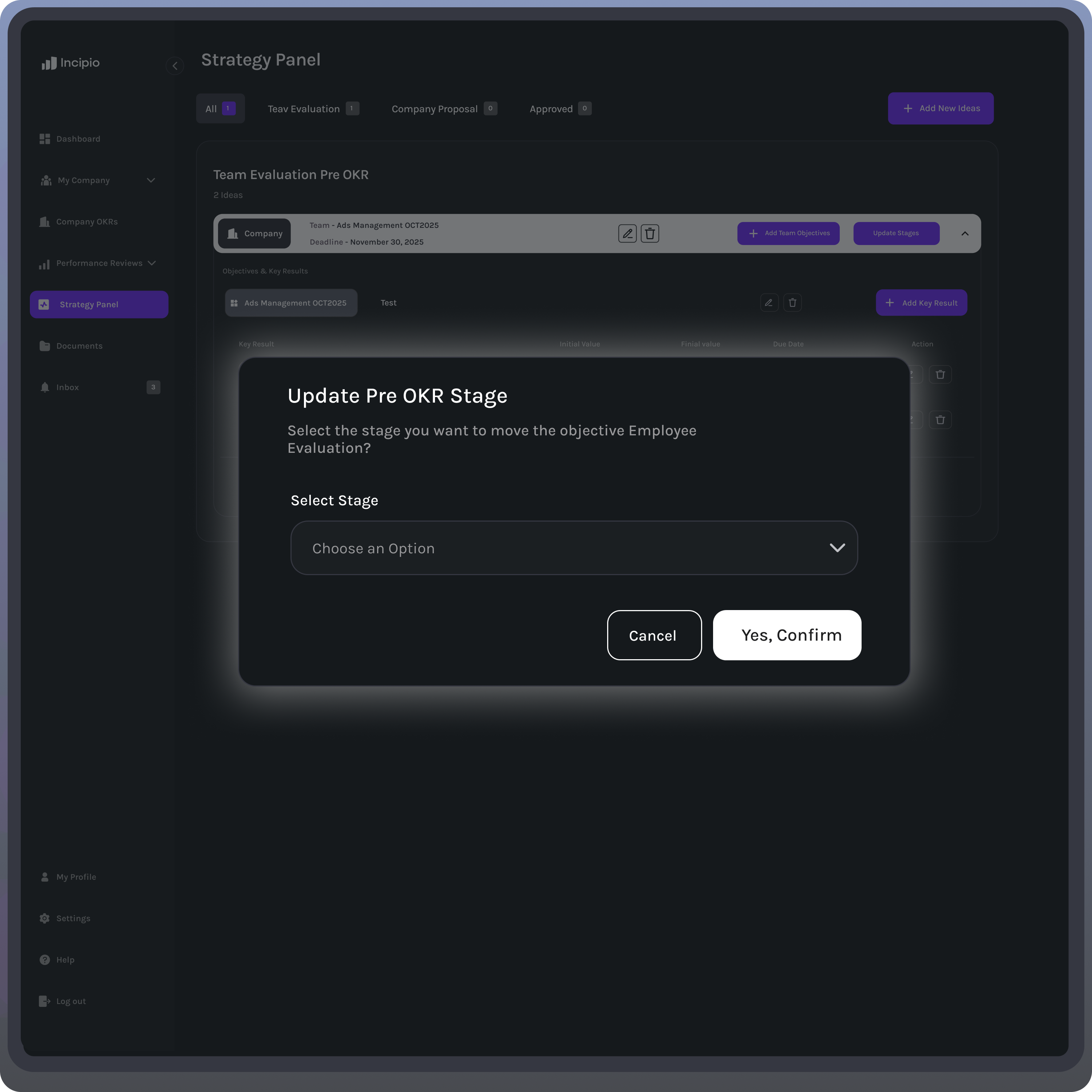 A dark-themed Strategy Panel interface showing a pop-up window titled Update Pre OKR Stage with a dropdown menu to select a stage for the objective Employee Evaluation, and Cancel and Yes, Confirm buttons.