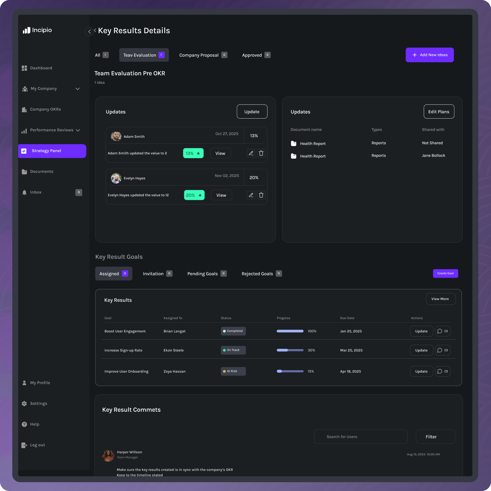 Dashboard interface displaying Key Results Details with updates and goals including progress bars, statuses, and user comments.