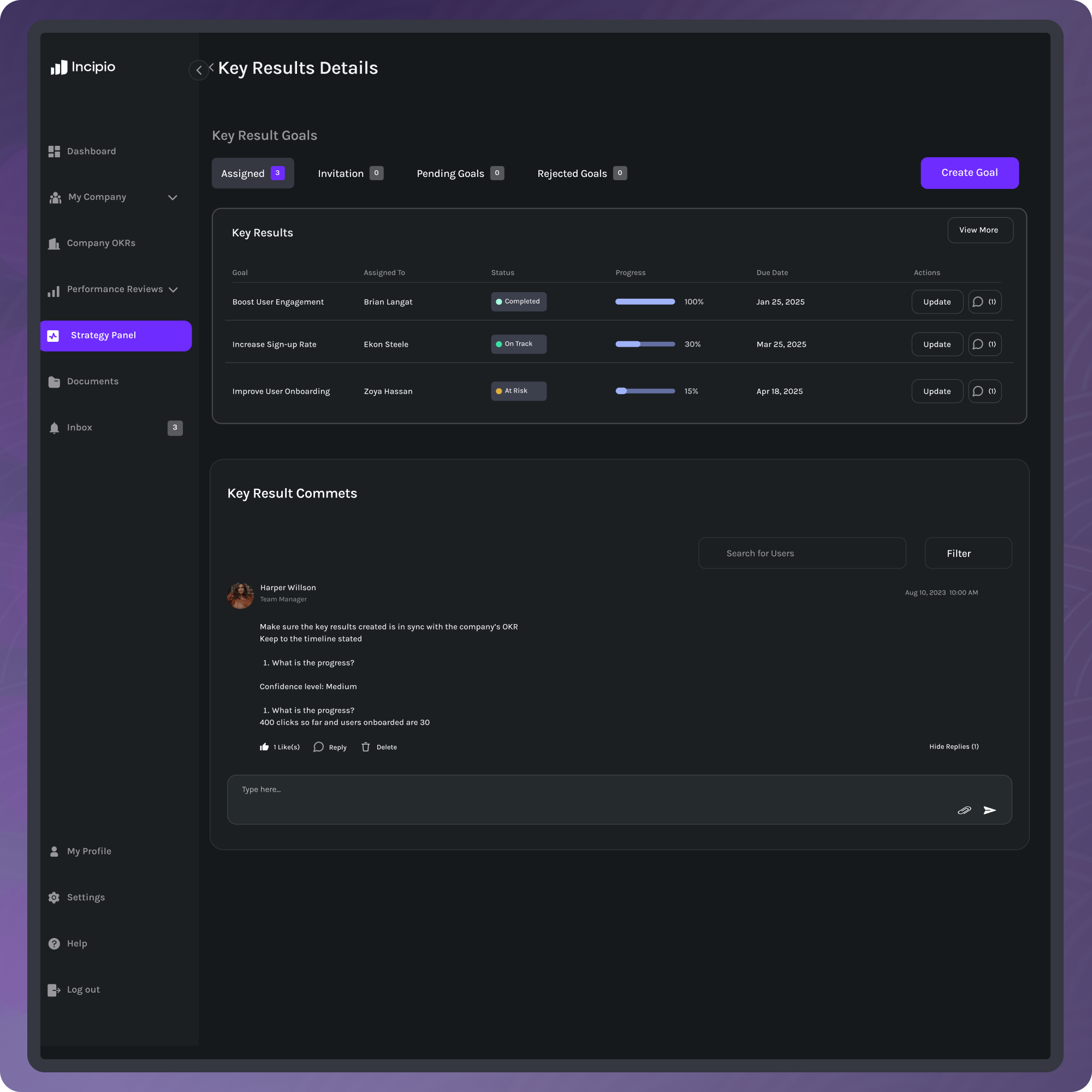 Dashboard interface showing key results details with three goals assigned: Boost User Engagement completed at 100%, Increase Sign-up Rate on track at 30%, and Improve User Onboarding at risk at 15%, plus a comment from team manager Harper Willson.