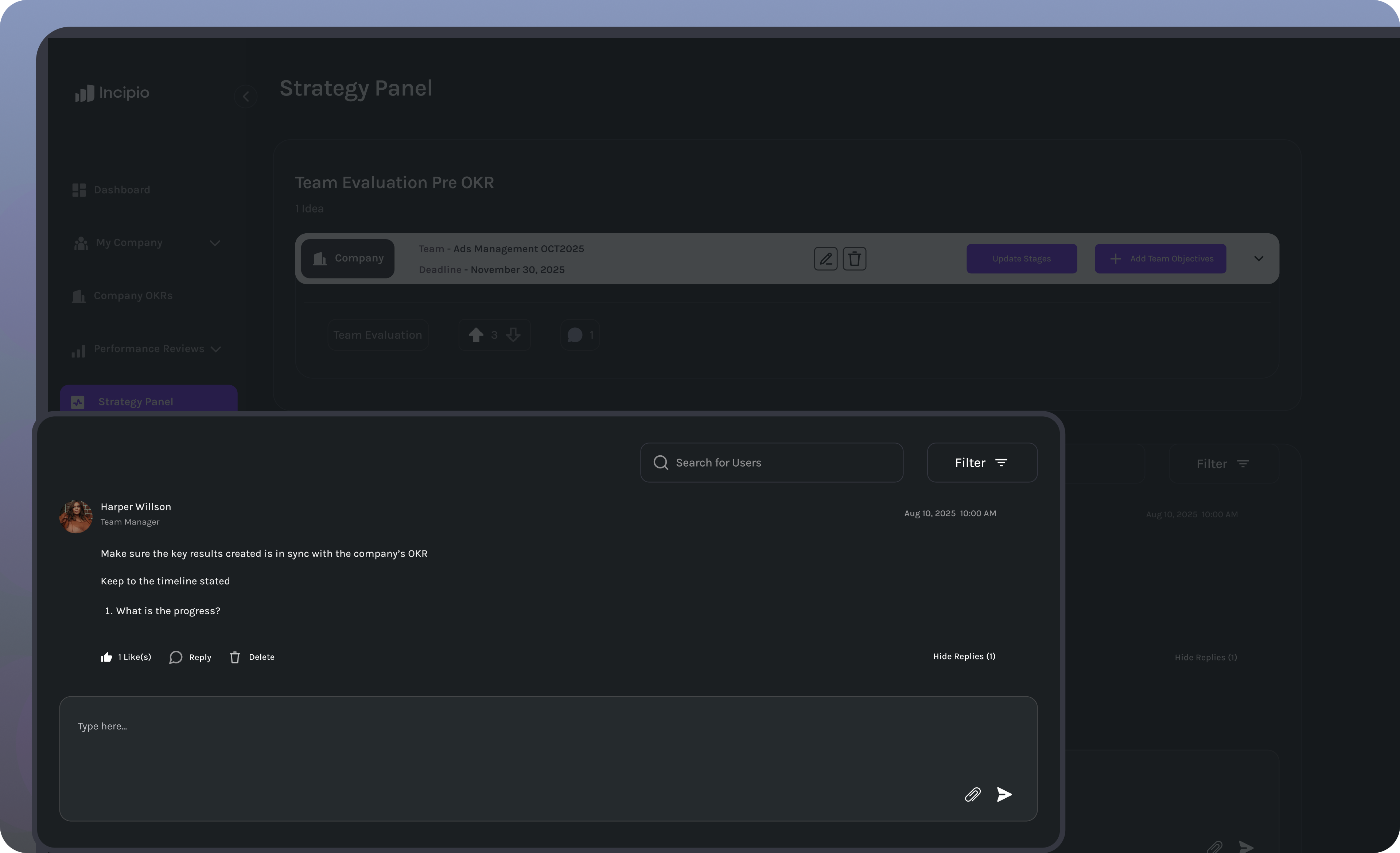 Team Manager Harper Willson's comment on syncing key results with company OKR and timeline progress in a messaging panel with like, reply, and delete options.