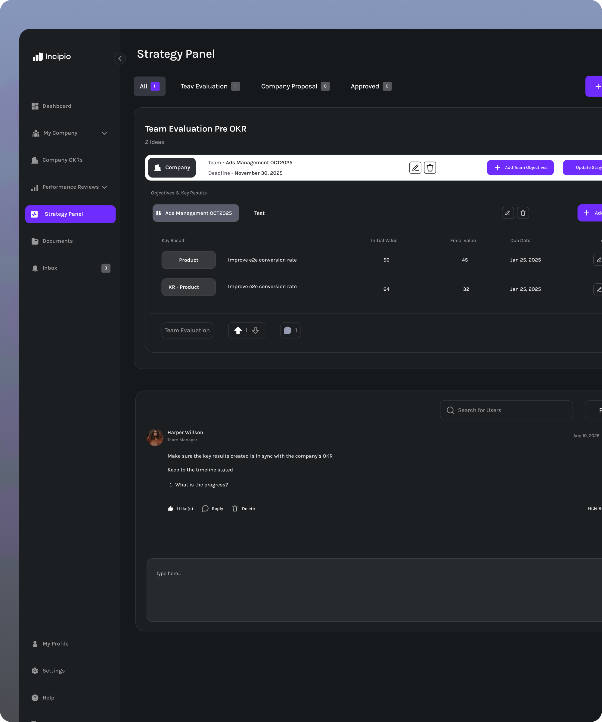 Dark-themed dashboard interface titled Strategy Panel showing team OKRs for Ads Management OCT2025 with key results, progress values, due dates, and a comment from Team Manager Harper Willson.