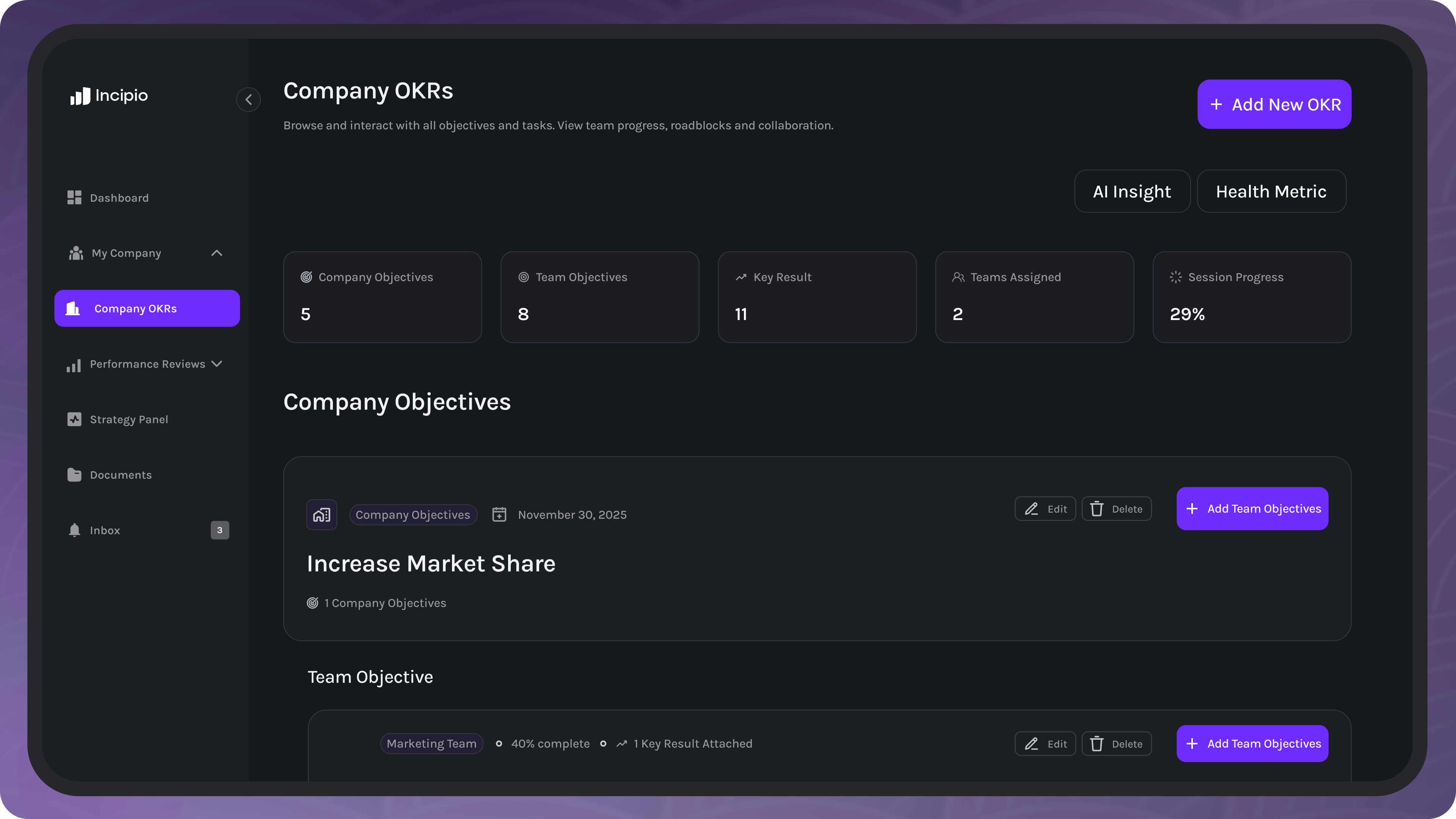 Dashboard interface showing Company OKRs with 5 company objectives, 8 team objectives, 11 key results, 2 teams assigned, and 29% session progress.