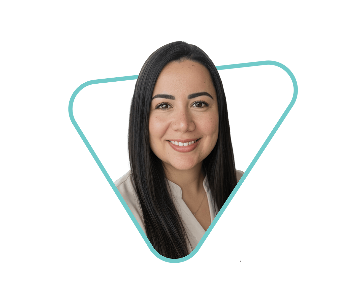 Smiling woman with long black hair and light makeup framed by a teal triangular outline.