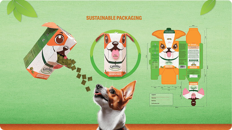 Illustration of sustainable dog treat packaging featuring a dog-shaped box design, layout dimensions, and a dog looking up at the treats pouring out.
