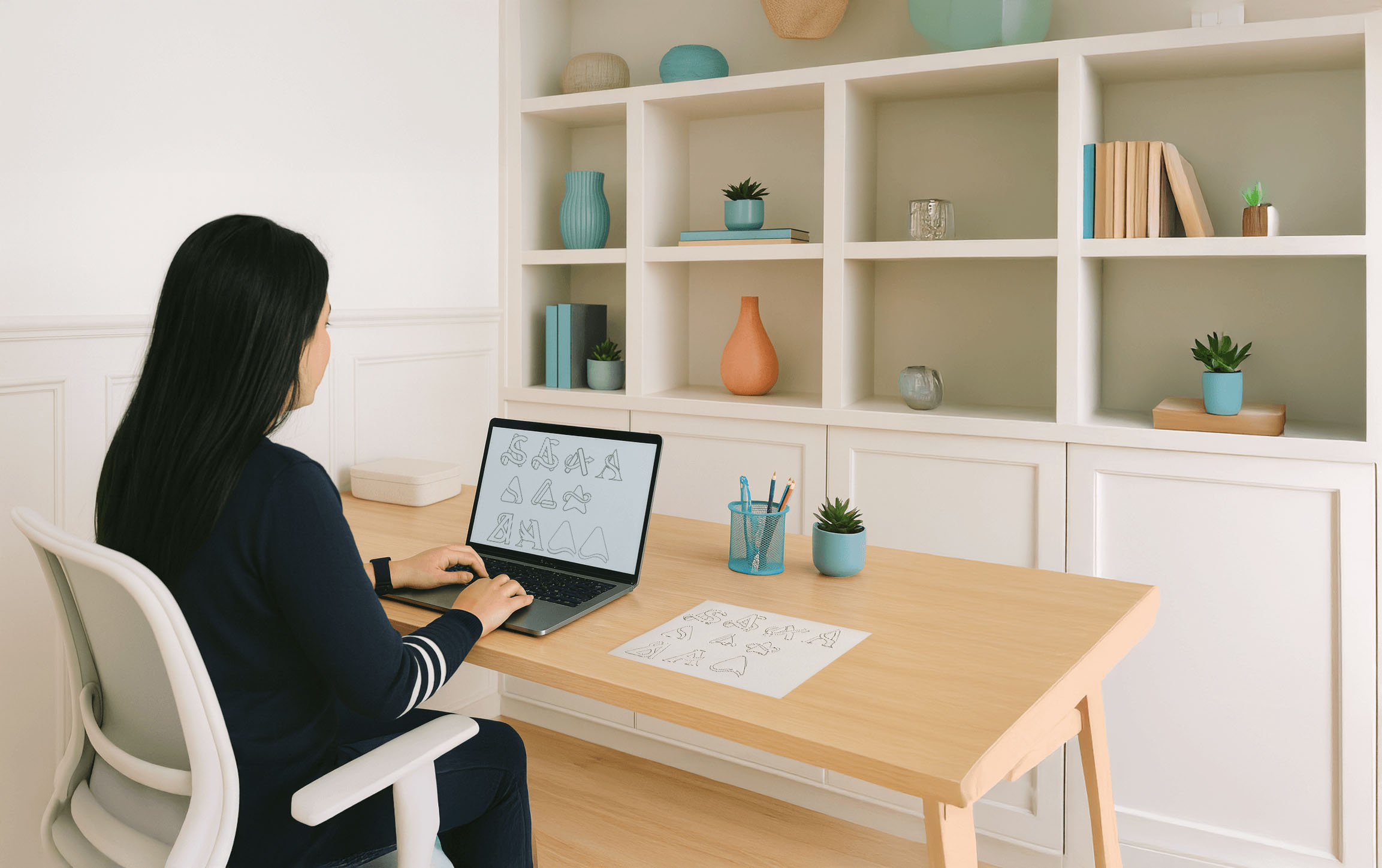 Person with long black hair sitting at a wooden desk using a laptop displaying abstract shape sketches, with a printed sheet of similar sketches on the desk and shelves with decorative items in the background.