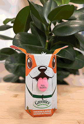 Carton of Greenies SmartBites dog treats redesigned as a dog face with ears and a pull-to-open tab resembling a tongue.