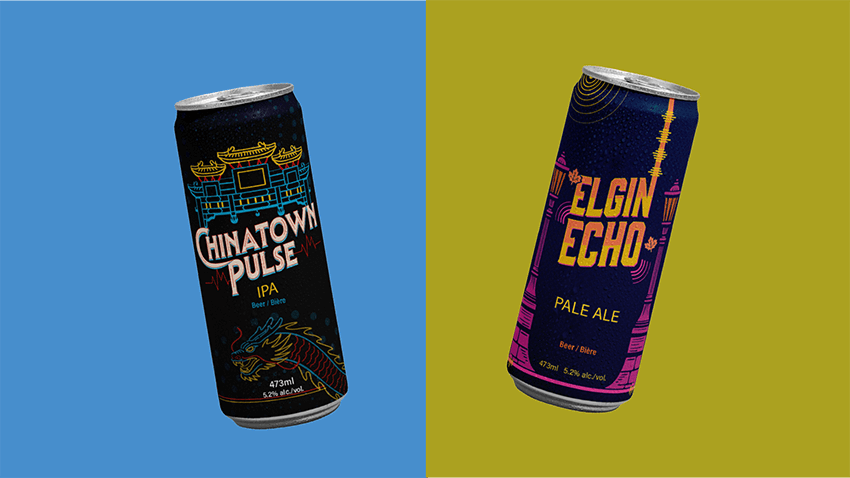 Two beer cans on split background; left can labeled Chinatown Pulse IPA with dragon and pagoda design on blue background, right can labeled Elgin Echo Pale Ale with abstract tower and floral elements on olive background.