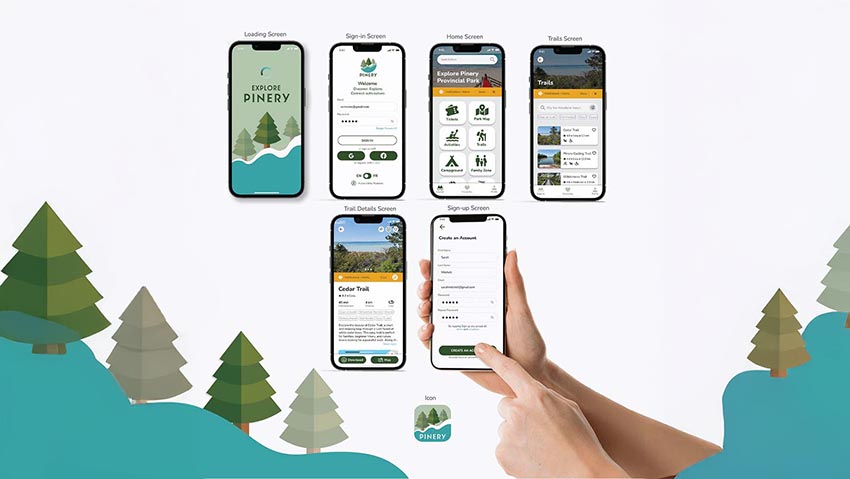 Hand holding a smartphone displaying a sign-up screen for Explore Pinery app, surrounded by five other screens showing app features like loading, sign-in, home, trails list, and trail details.