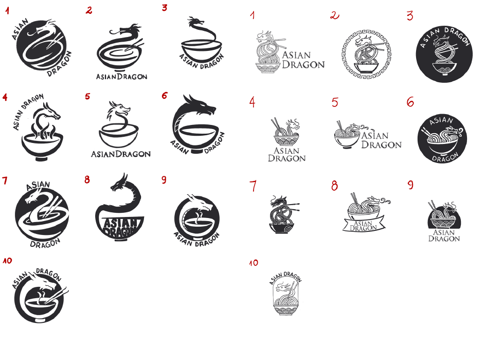 Two sets of ten black and white logo sketches each numbered 1 to 10, featuring various Asian dragon designs combined with noodle bowls and chopsticks, labeled 'Asian Dragon' or 'ASIAN DRAGON'.