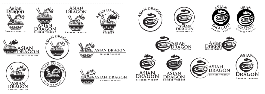 Collection of various Asian Dragon Chinese Takeout logos featuring dragons and noodles in black and white.