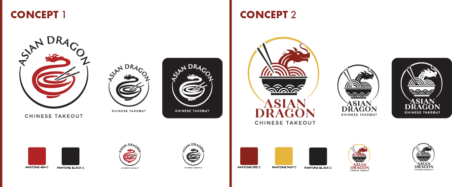 Two logo concept sets for Asian Dragon Chinese Takeout: Concept 1 features a red dragon coiled around chopsticks in a bowl shape; Concept 2 shows a red dragon emerging from a bowl with chopsticks above stylized waves, with corresponding color swatches and black-and-white versions.