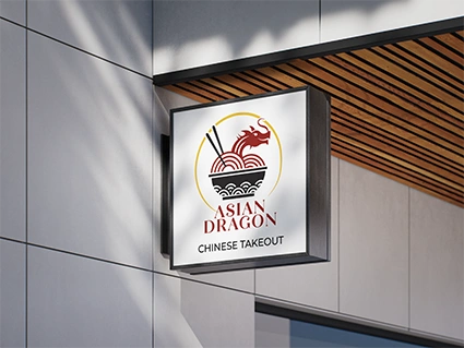 Wall-mounted illuminated sign for Asian Dragon Chinese Takeout featuring a dragon and noodle bowl logo.
