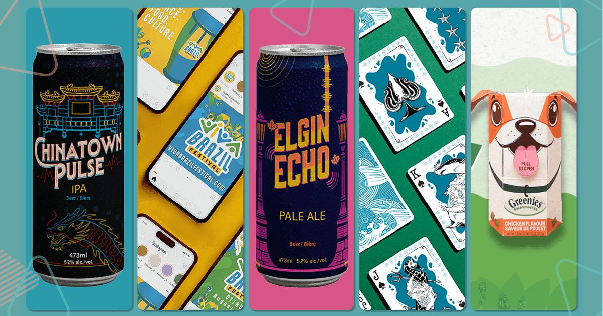 Five vertical panels showing a Chinatown Pulse IPA beer can, smartphones with Brazil Festival app, Elgin Echo Pale Ale beer can, playing cards with aquatic designs, and Greenies dog treats packaging.