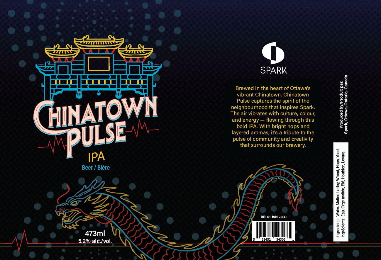 Chopsticks partially wrapped in a white and red paper sleeve labeled Asian Dragon on a gray background.