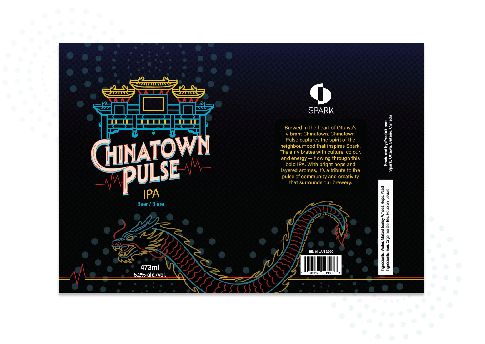 Grid of 30 black and white Asian Dragon logo sketches featuring various dragon illustrations, stylized text, chopsticks, and bowls.