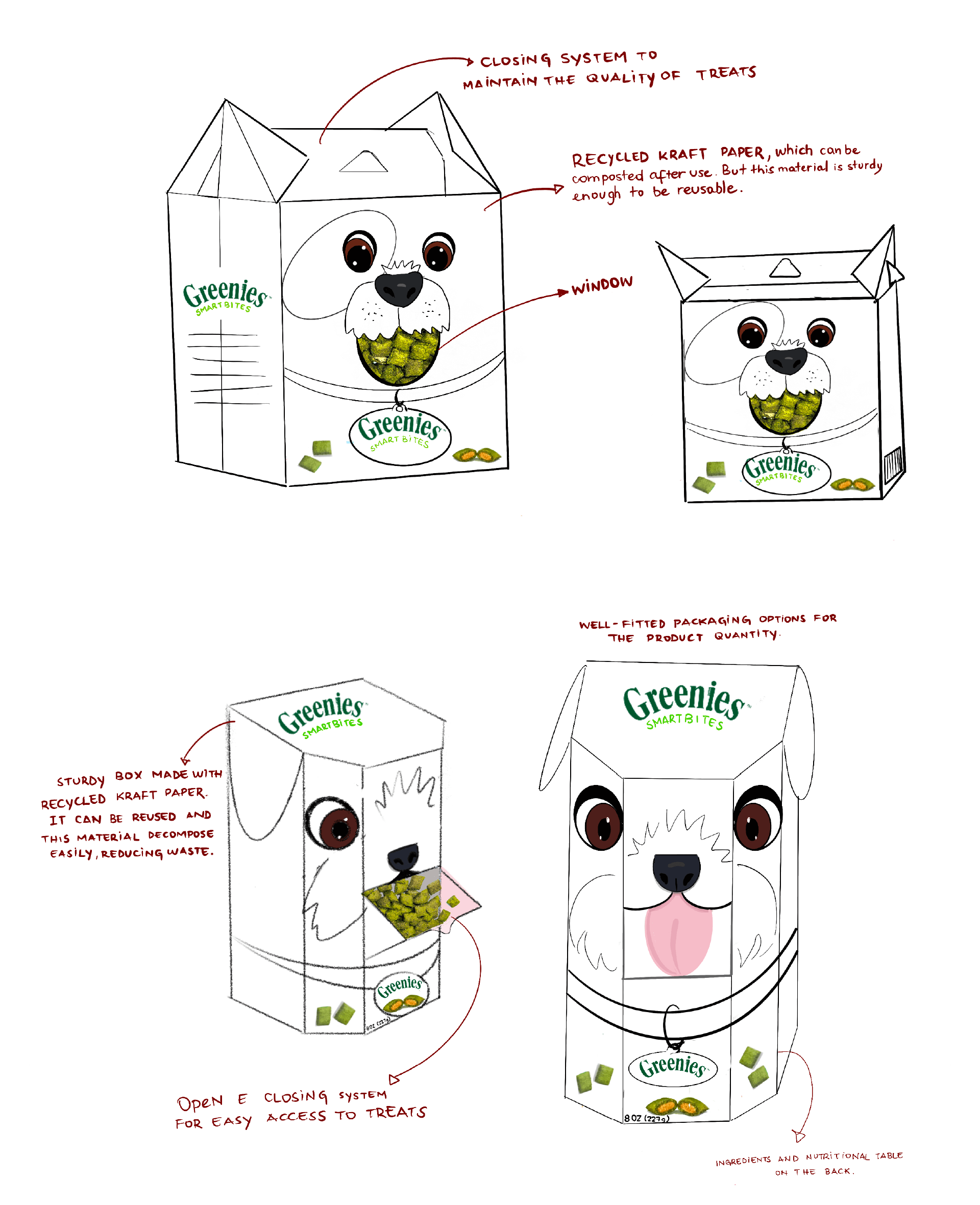 Four illustrated Greenies Smart Bites dog treat packaging designs shaped like dogs, highlighting features like recycled kraft paper, closing systems to maintain treat quality, windows, and easy access openings.