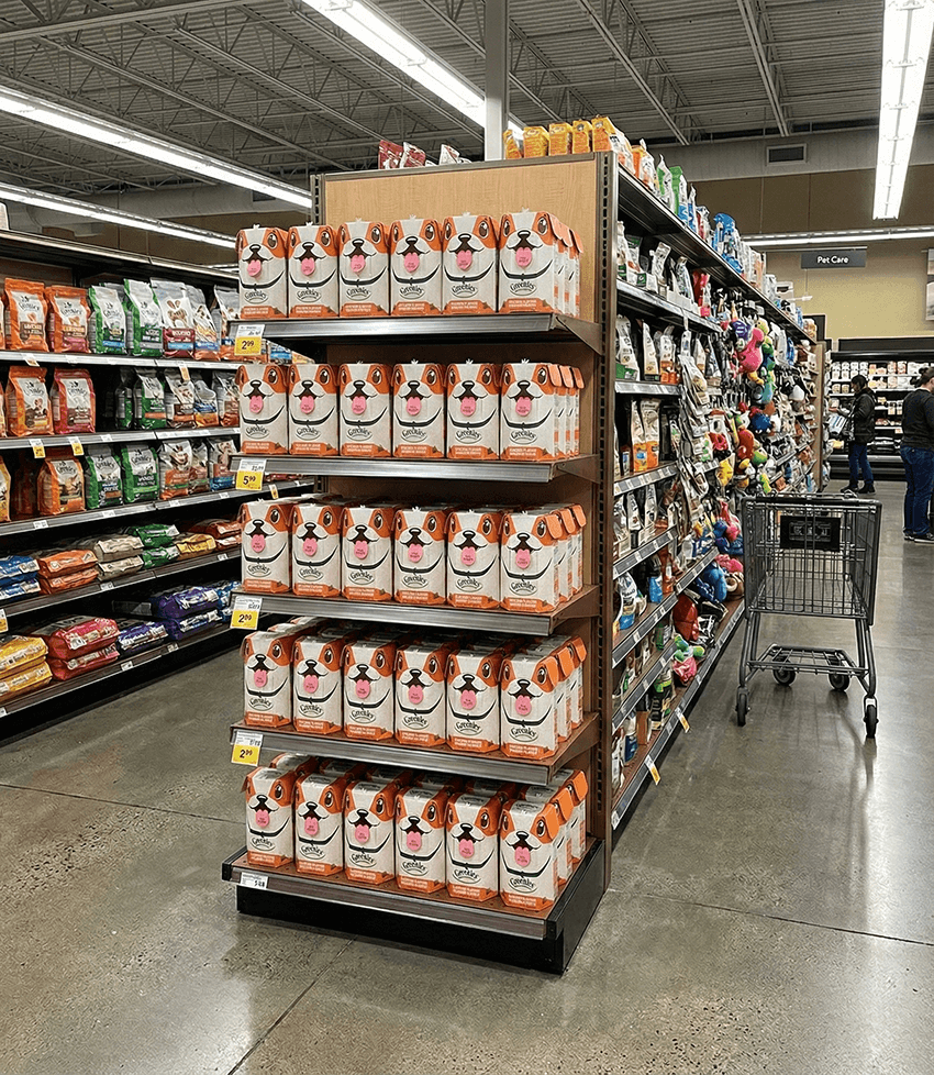 Store aisle with shelves stocked with dog food bags featuring a cartoon dog face design and a shopping cart nearby.