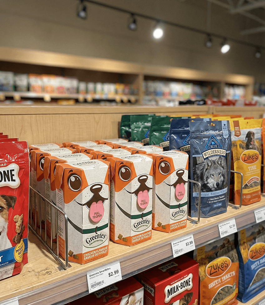 Store shelf displaying dog treats including Greenies Smartbites chicken flavor, Blue Wilderness, Zuke's, and Milk-Bone packages.