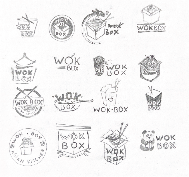 Hand-drawn sketches of various logo designs for 'Wok Box,' featuring stylized text, Asian takeout boxes, chopsticks, noodles, a dragon, and a panda.