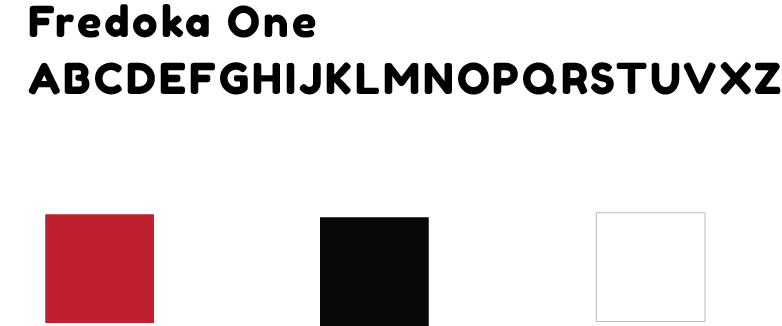 Fredoka One font sample showing uppercase letters A to Z in bold black, with color swatches in red, black, and white below.