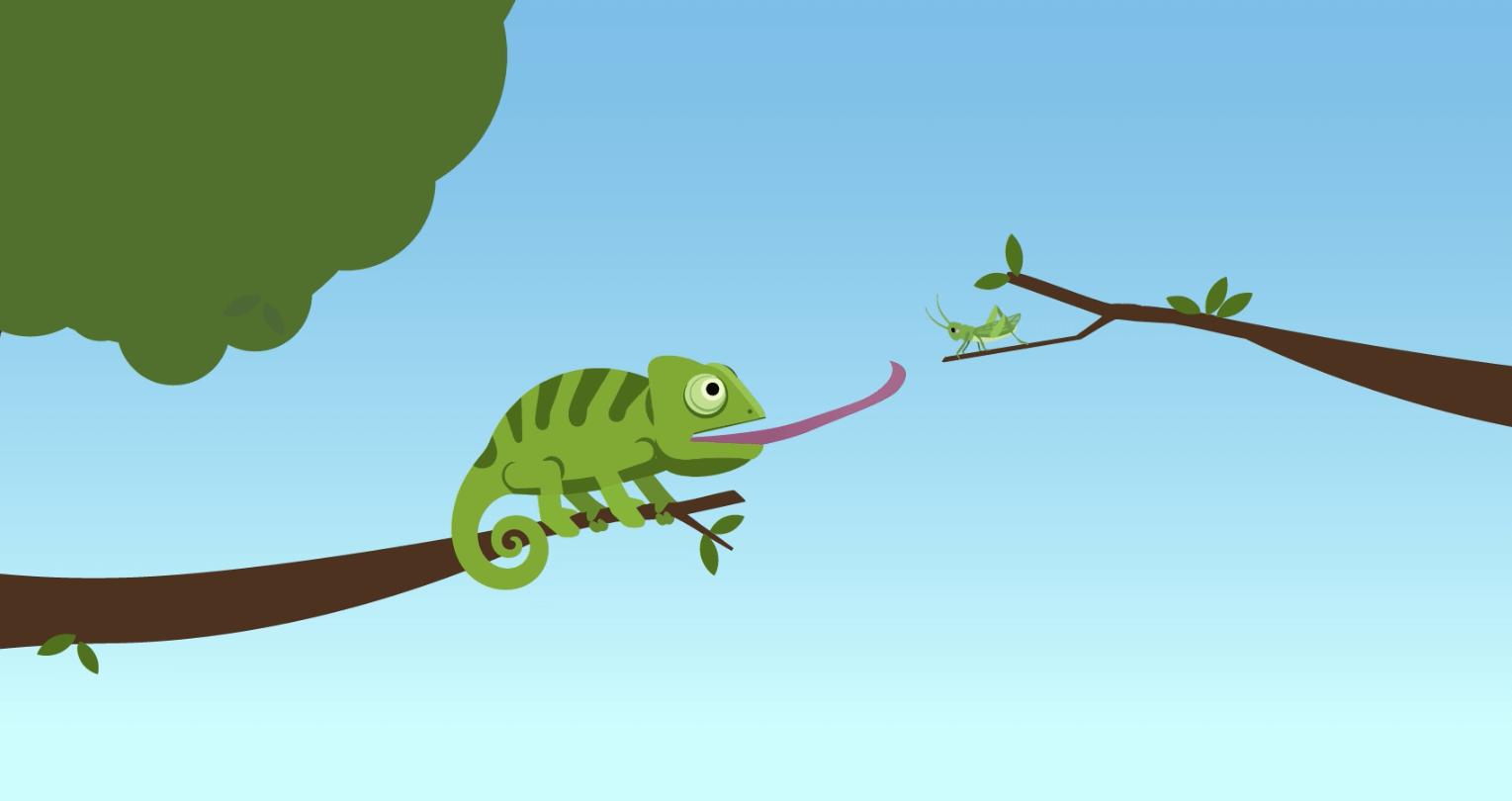 Illustration of a green chameleon on a branch . - Screenshot of the linked video.