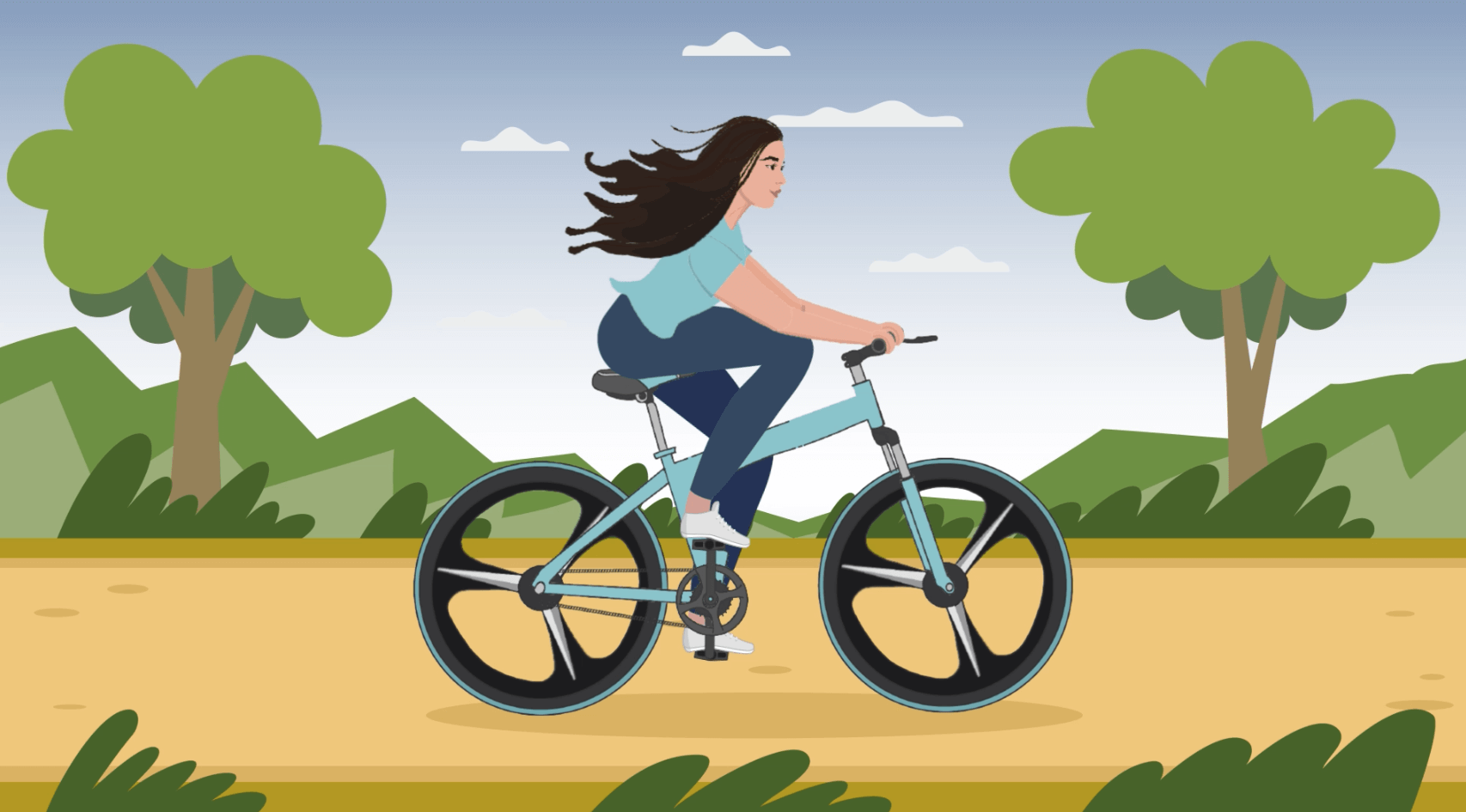 Illustration of a woman with long hair cycling. - Screenshot of the linked video.