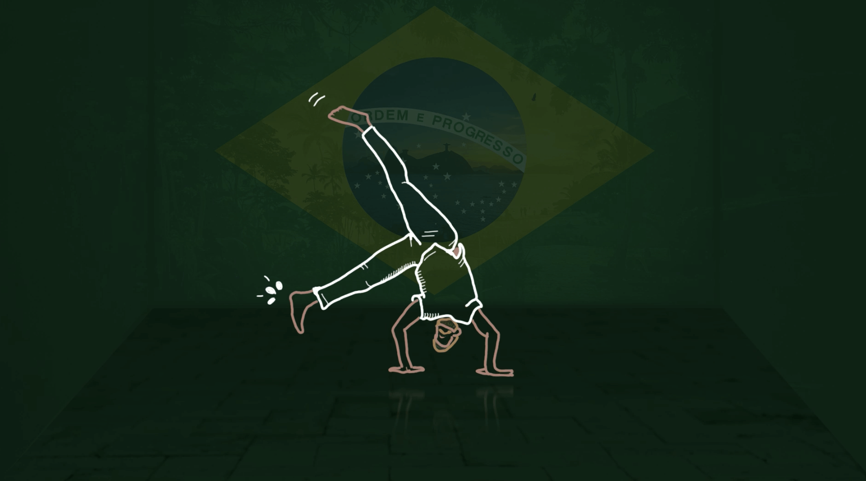 Illustration of a person performing a handstand capoeira move with the Brazilian flag in the background. - Screenshot of the linked video.