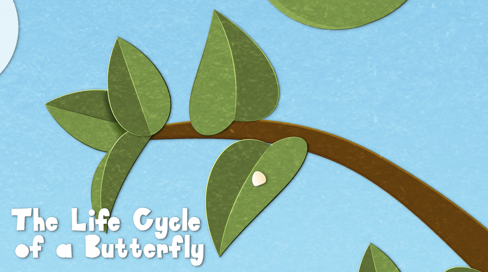 Illustration of green leaves on a branch with a single white butterfly egg on one leaf and text 'The Life Cycle of a Butterfly' on light blue background. - Screenshot of the linked video.