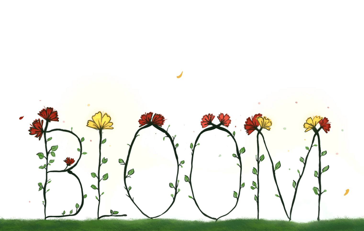 The word 'BLOOM' spelled out with green vine-like stems and leaves, each letter adorned with red and yellow flowers. - Screenshot of the linked video..