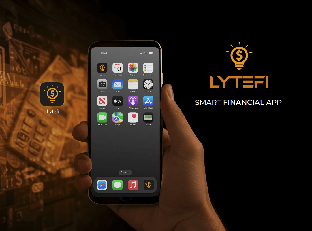 Hand holding a smartphone displaying the Lytefi app icon among other apps, with Lytefi logo and text 'SMART FINANCIAL APP' on the right.
