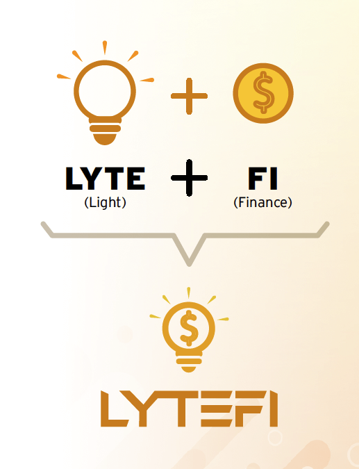 Graphic showing a light bulb icon plus a dollar coin icon with text 'LYTE (Light)' and 'FI (Finance)', combined into a single logo with a light bulb and dollar sign above the word 'LYTEFI'.