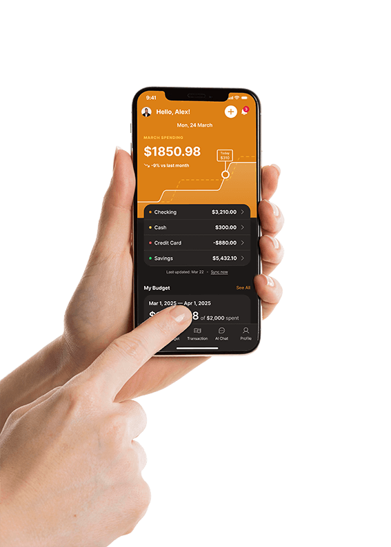 Hand holding a smartphone displaying a personal finance app .
