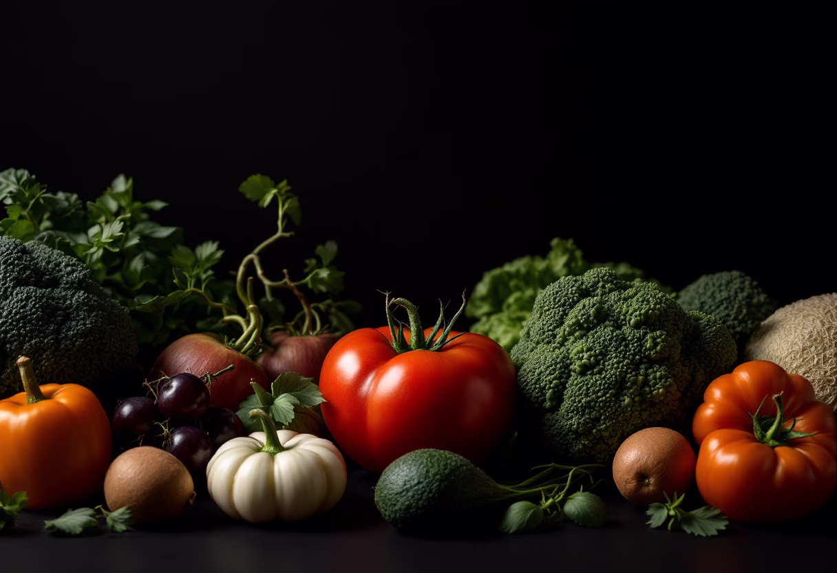 a high resolution photo of a fresh produce display in the farmer's market