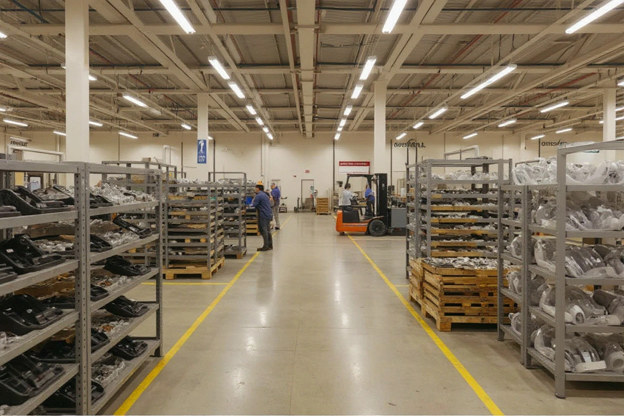 Automotive assembly line with parts storage and material handling systems using pallets#1.5