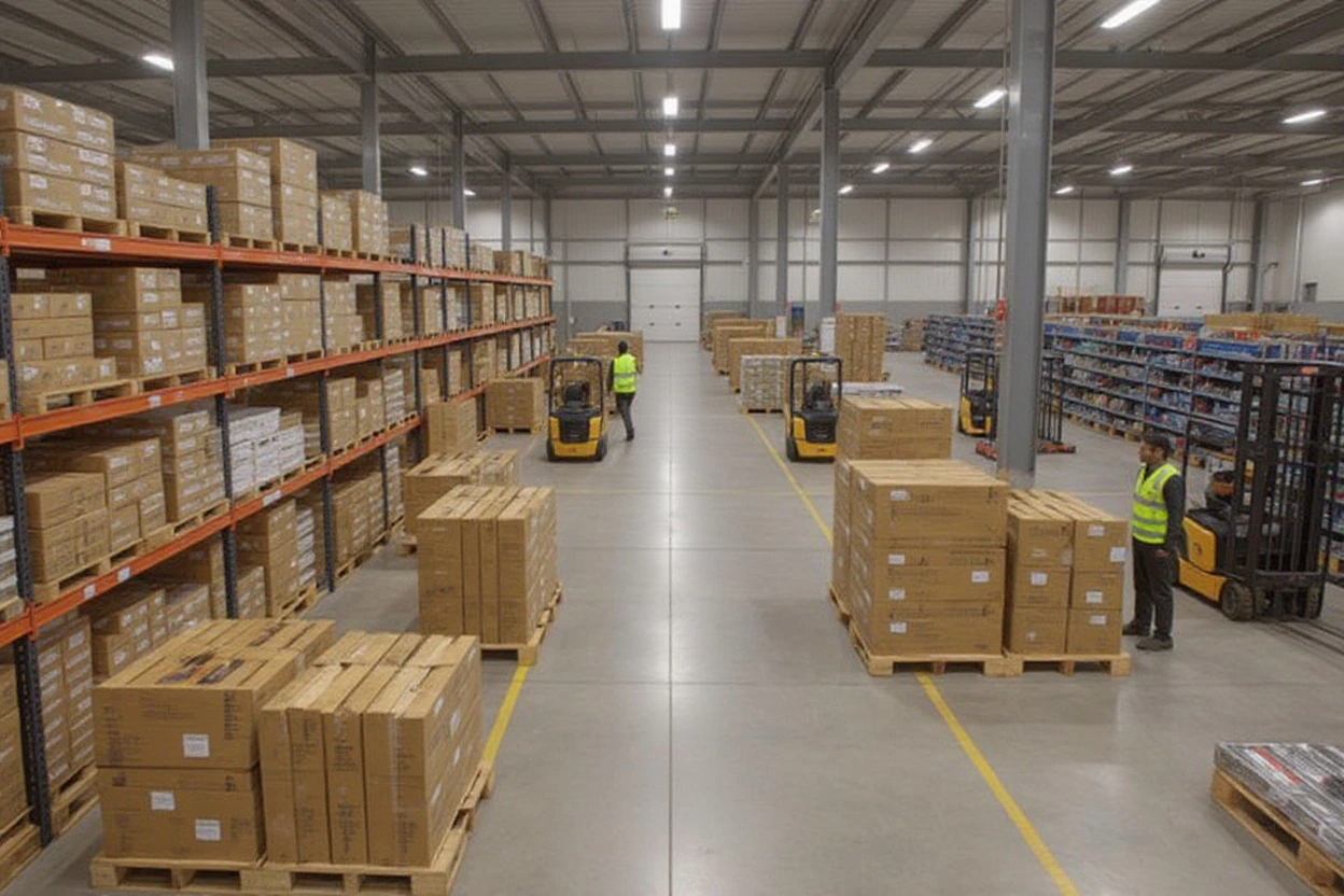 Retail distribution center with product storage and shipping operations using pallets for inventory management#1.5