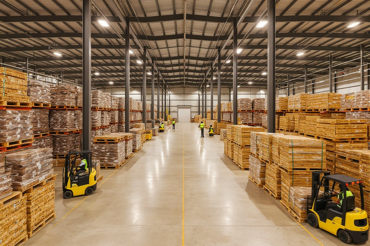 Logistics warehouses with stacked pallets and distribution operations for supply chain management#1.5