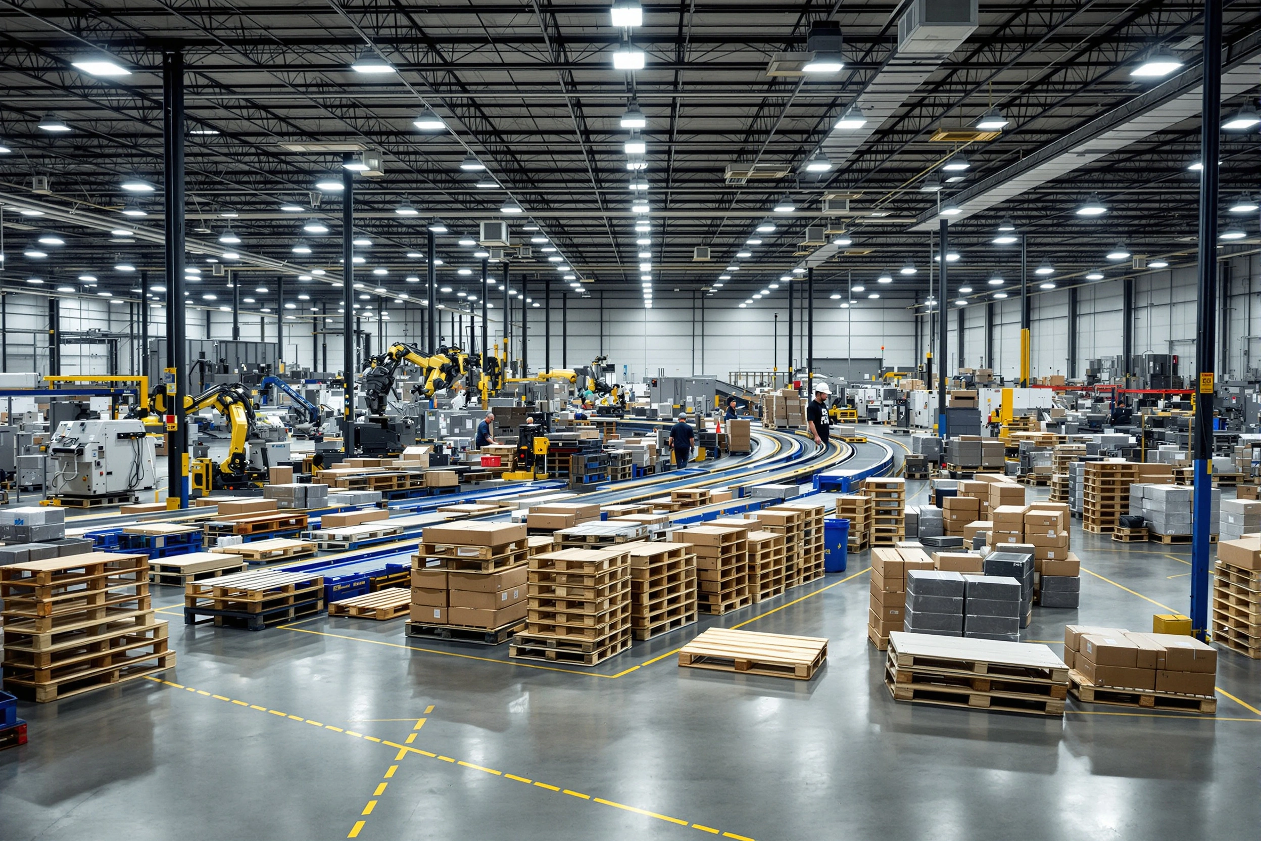 Manufacturing facility with production lines and industrial equipment using pallets for material handling#1.5