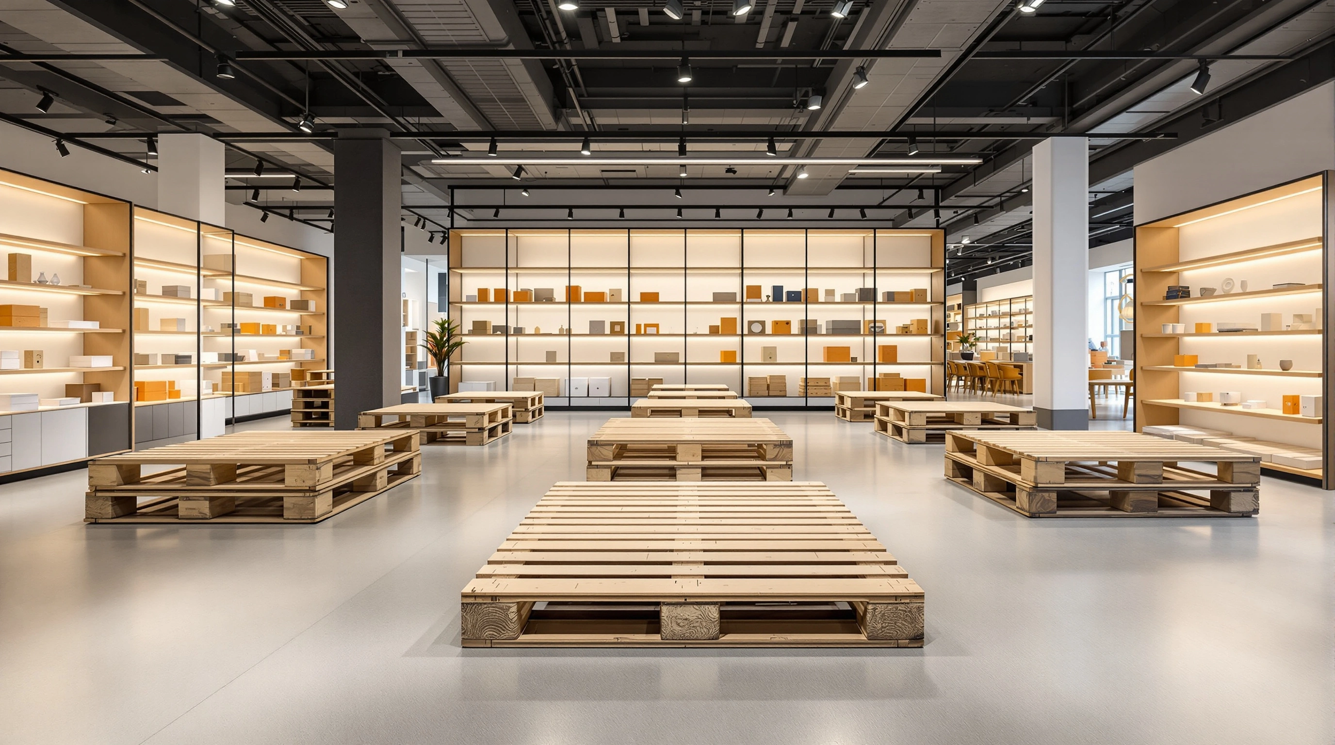 Modern retail store display area with visible pallets showcasing premium appearance and brand image#1.9