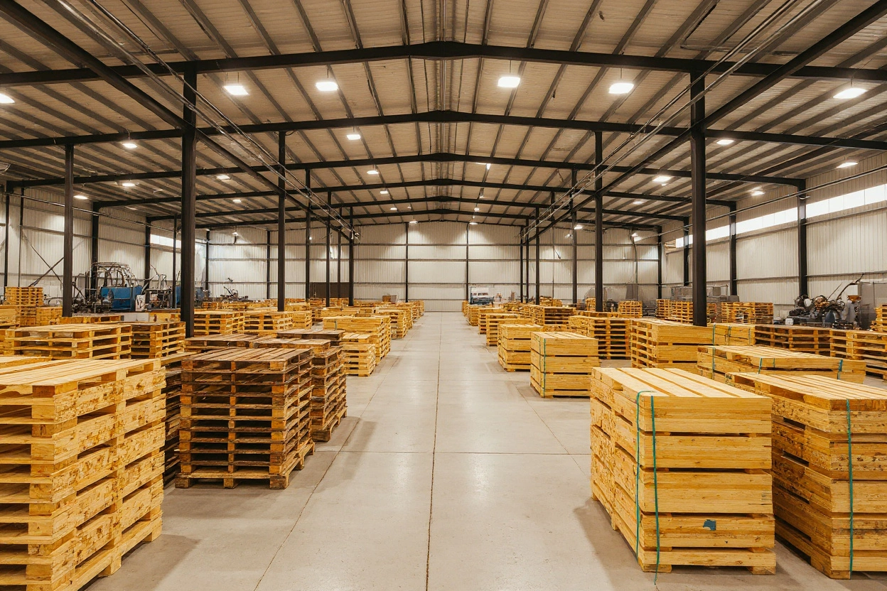 Modern pallet manufacturing facility with stacked wooden pallets ready for distribution#1.5