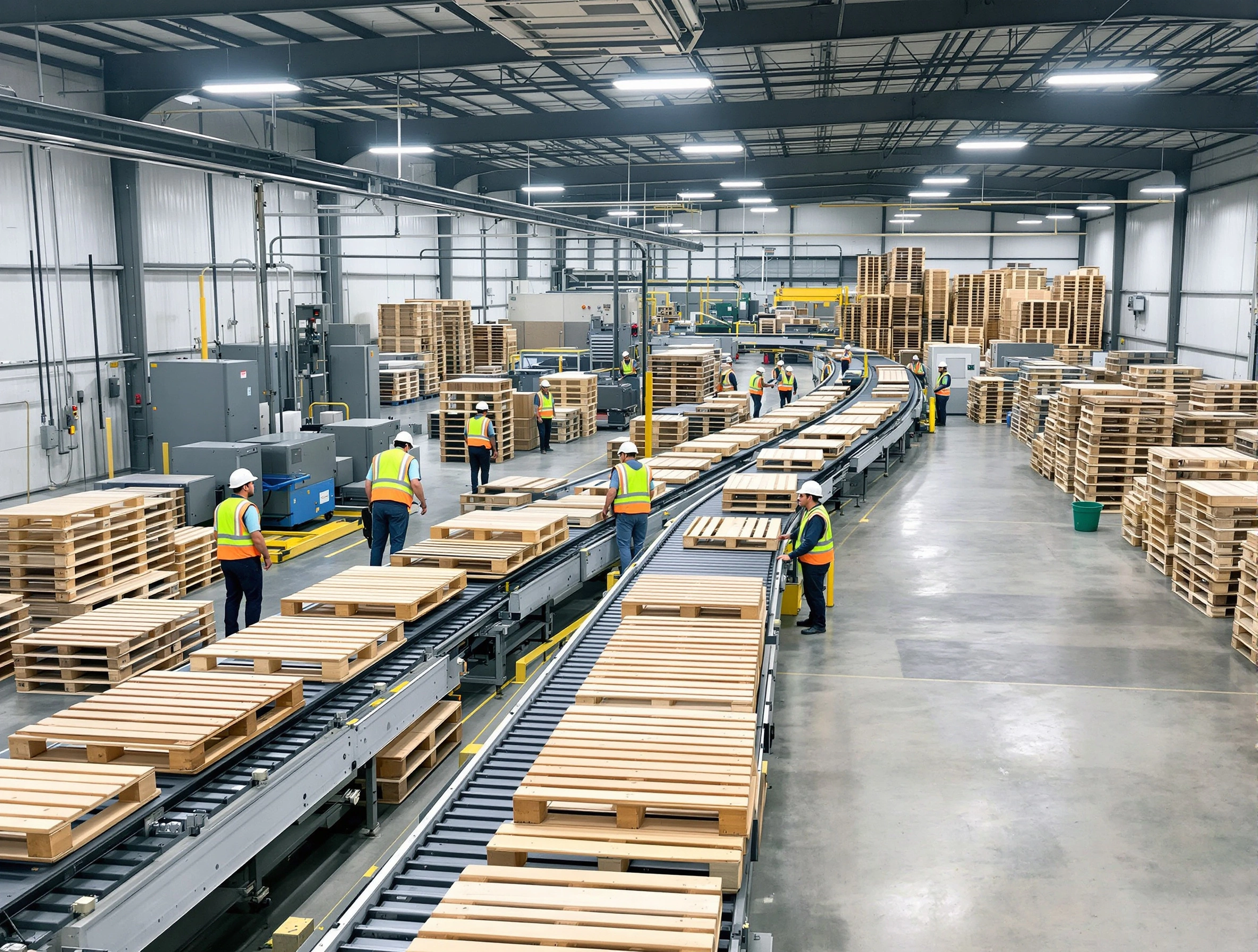 Automated pallet manufacturing line with workers overseeing quality control processes#1.3