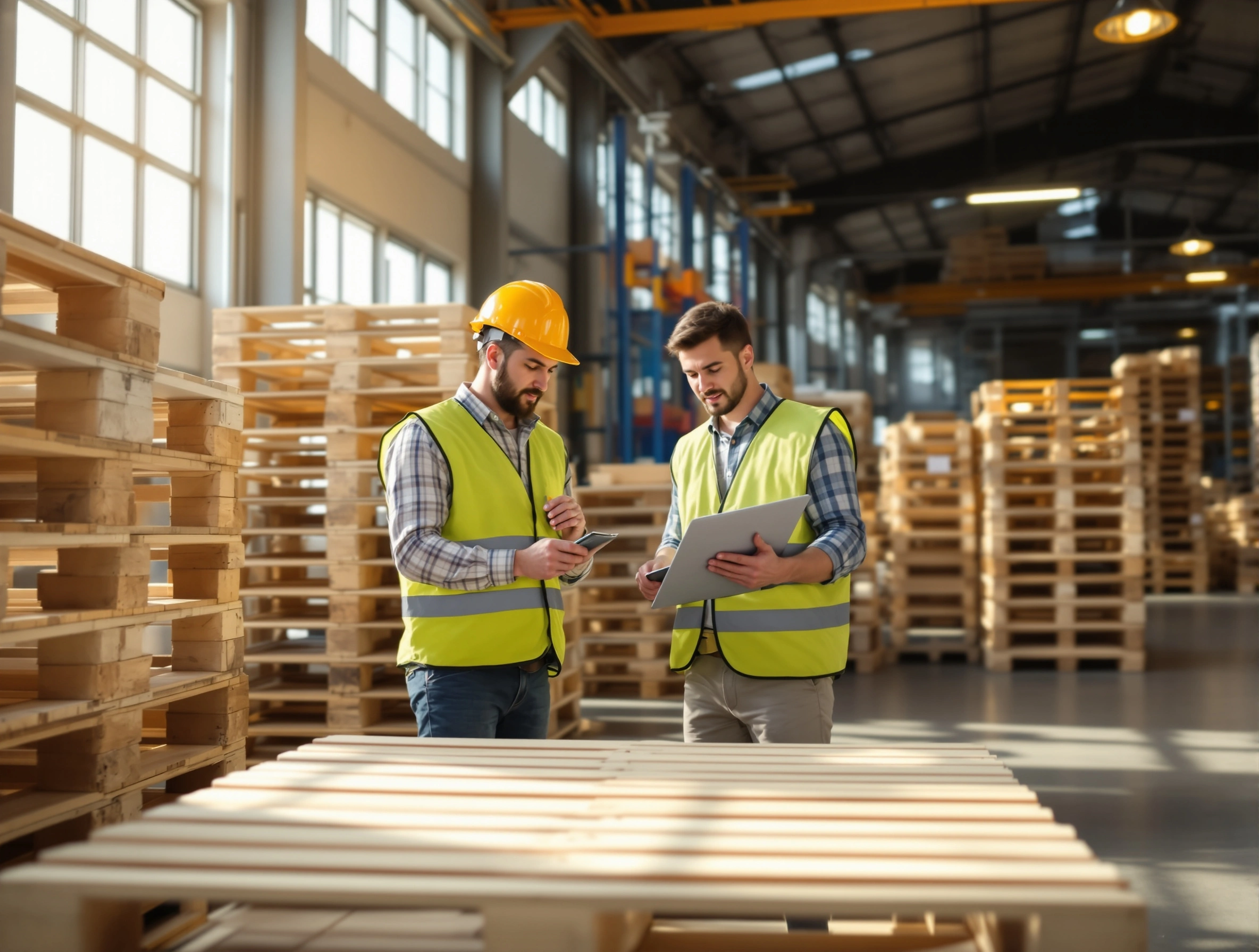 Quality inspector examining wooden pallets for structural integrity and specifications compliance#1.3