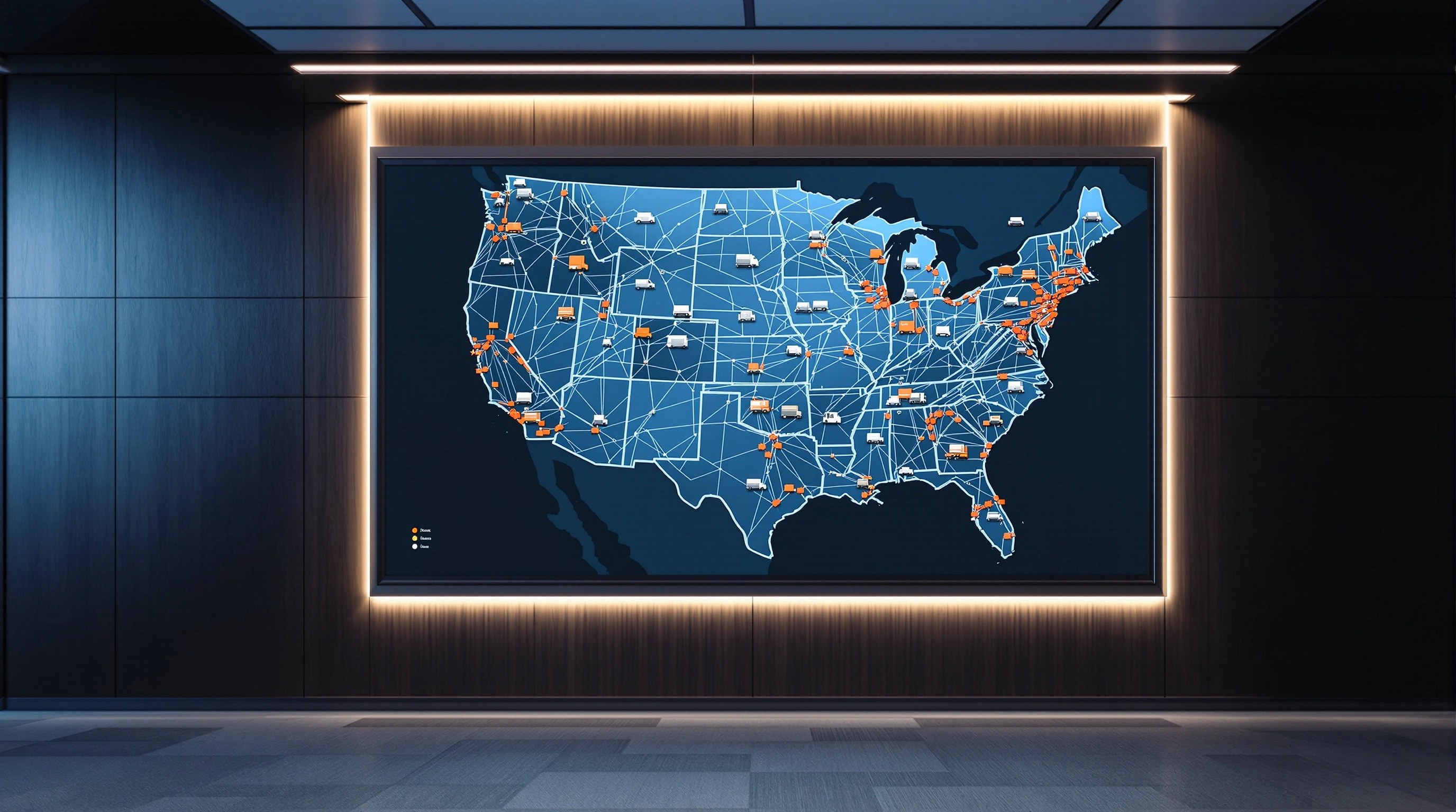 Nationwide pallet distribution network map showing delivery trucks and warehouses across the United States#1.9