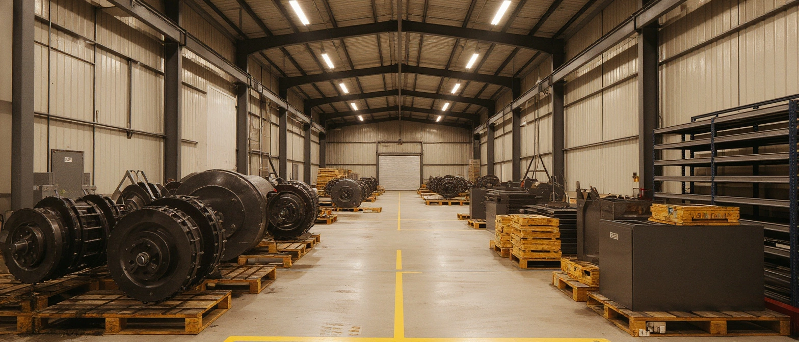 Manufacturing facility with pallets storing heavy industrial equipment#16.9