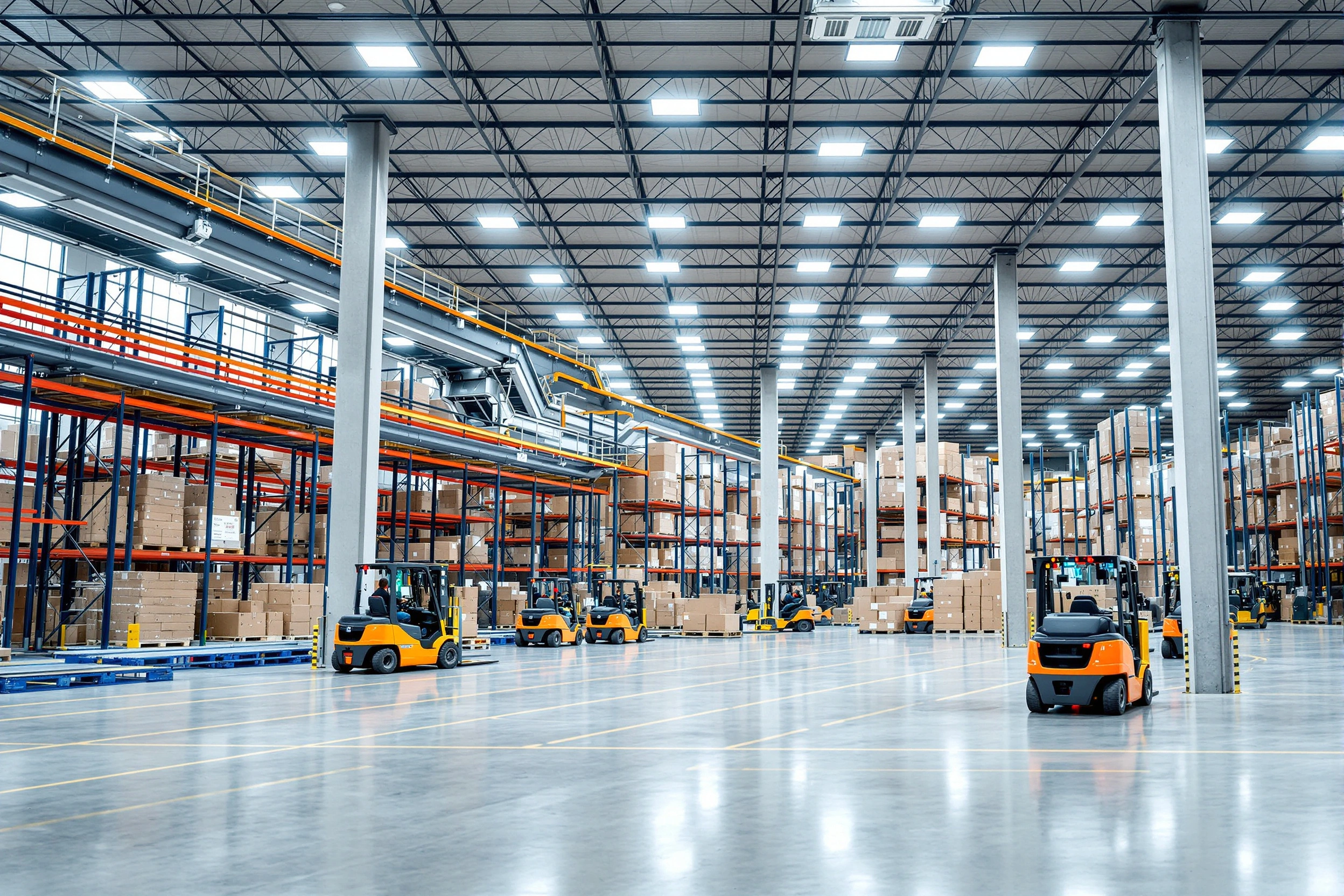 Logistics warehouse with automated systems, forklifts, and organized pallet storage solutions#1.6